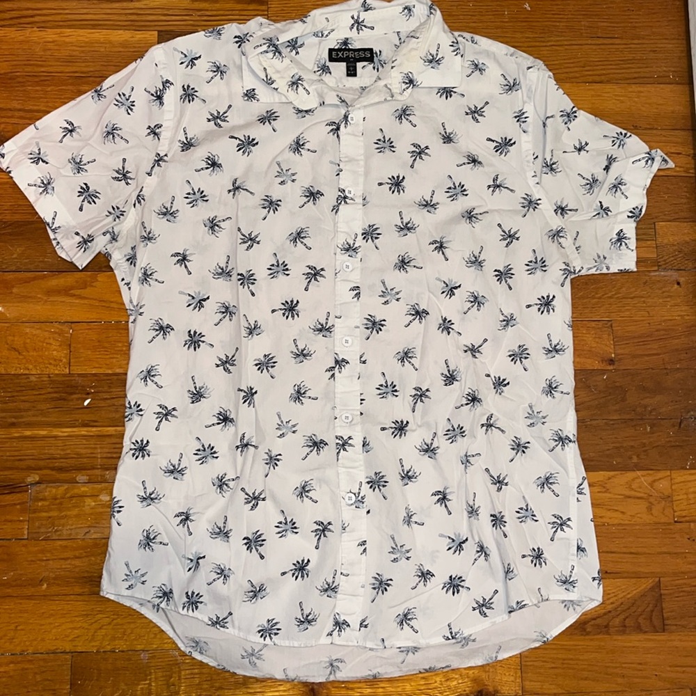 ⭐️🌴 Express White Casual Button Down Shirt with Blue Palm Trees